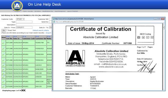 Online help desk calibration report